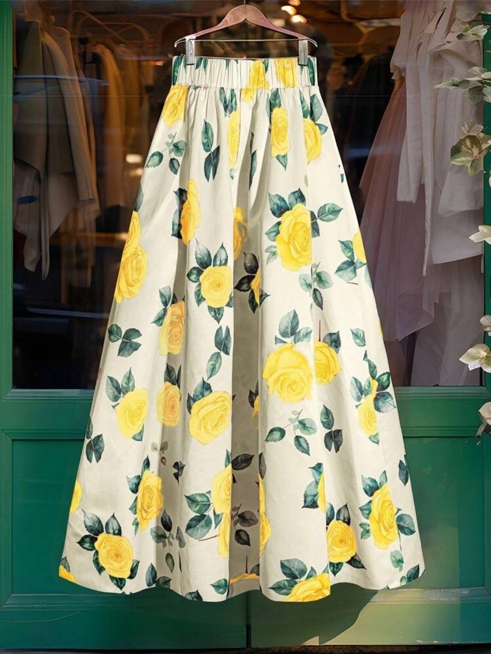 Women's Yellow Rose Print A-Line Skirt
